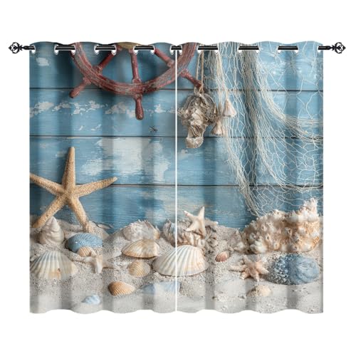 XSUPFLYM Rustic Realistic Ocean Shell Window Blackout Curtains Beautiful Abstract Beach Fishing Net Sea Life Wooden Board Rudder Thermal Curtains Suitable for Bedroom 2 Panels.Each 36" W x 63" L