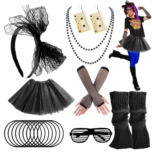 ZXTGBQ Déguisement Année 80 Accessoire Femme, Annee 80, Tutu Femme, Jambières, Bandeau, Boucle d'Oreille, Colliers, Gants Résille, Vêtements Années Tenu Année 80 90 s Thème Soirée Carnaval