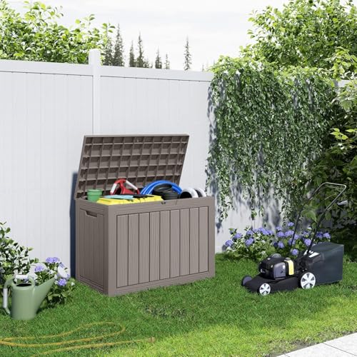Image of 46 Gallon Outdoor Deck Box,Storage Lockable Waterproof Patio Furniture,Garden Tools,Cushions,Pool Accessories Outside Storage Resin Box(Light Brown)