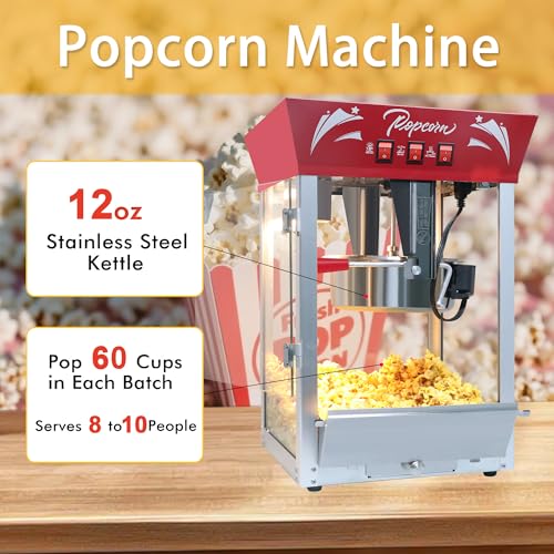 Image of 12 oz Countertop Popcorn Machine, Retro Theater Style Popcorn Maker with Warming Deck & Non-Stick Kettle, Large Electric Popper for Family Movie Night, Party & Concession Stand (Classic Red)