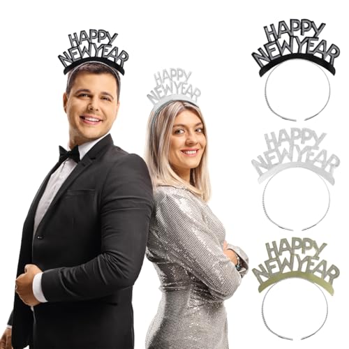 Amosfun HAPPY NEW YEAR Headband Tiara New Years Party Favors Gold Silver Black 12 Pieces