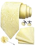 GUSLESON Mens Light Yellow Tie for Wedding Silk Paisley Necktie Pocket Square Cufflinks and Lapel Pin Brooch Set (6103-35)