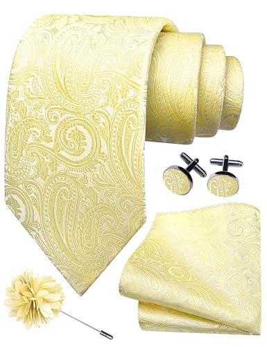 GUSLESON Mens Light Yellow Tie for Wedding Silk Paisley Necktie Pocket Square Cufflinks and Lapel Pin Brooch Set (6103-35)