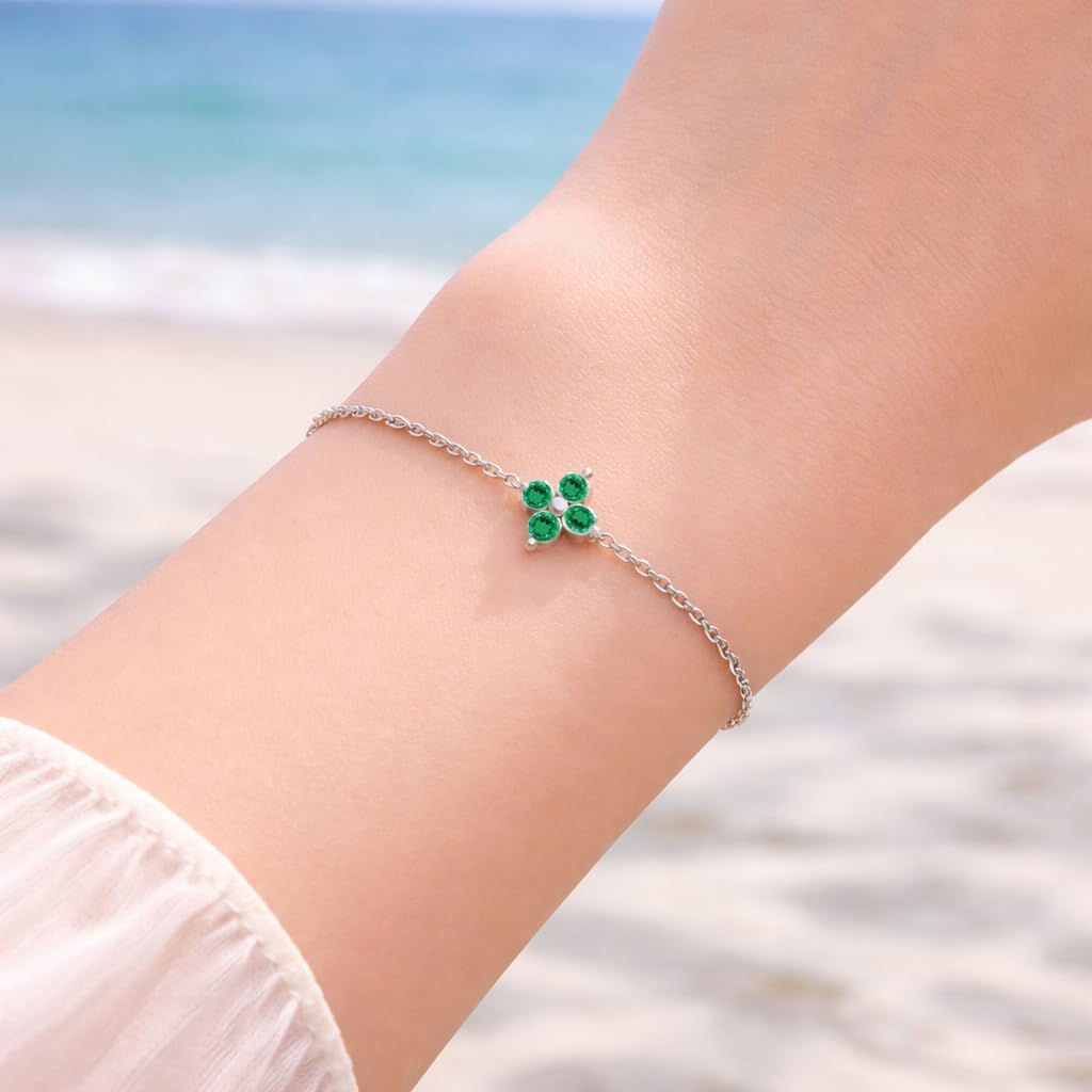 Round Cut Green Emerald Flower Style Chain Bracelet For Women 14K Gold Finish Ladies Emerald 4 Stone Chain Bracelet