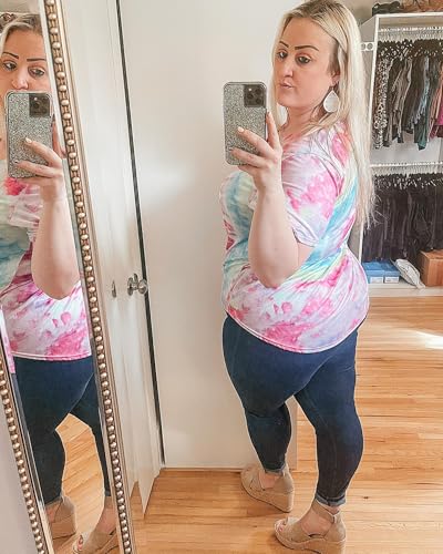 Image of RITERA Women Plus Size Tops Tie Dye V Neck Shirt Floral Camo Summer Short Sleeve Tunic Oversized Ladies Blouse XL-5XL