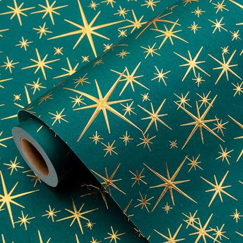 Garbendy Green Christams Wrapping Paper Roll-17inch x 32.8ft Embossing 3D Emerald Green with Gold Foil Star Design for Christmas, Birthday, Wedding, Baby Shower, Bridal Shower, Party