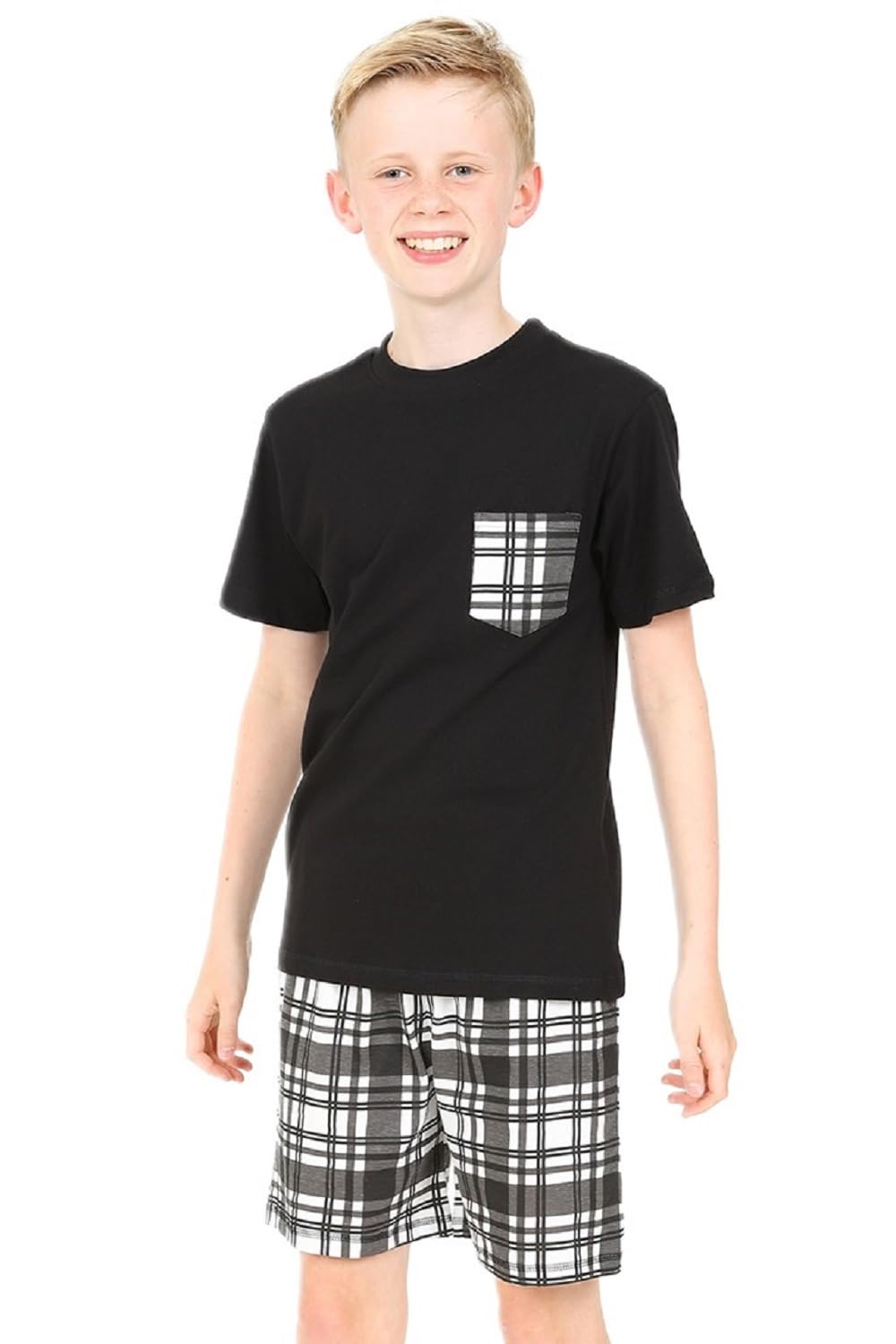 ThePyjamaFactory Pijamas Corto Algodón Cuadros Blanco Negro Niño