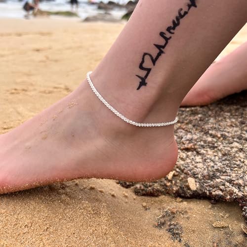 Image of Freekiss Sterling Silver Ankle Bracelets for Women: Dainty Layered Waterproof Anklet for Women Adjustable Womens Anklet Set Stackable Figaro Beaded Cuban Link Anklets Beach Jewelry for Women