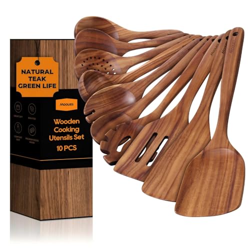 Mooues Kochlöffel Holz Set aus natürliches Teakholz, 10 Stück Küchenhelfer Set, Holzlöffel, Pfannenwender, Salatbesteck, Suppenkelle und weitere Küchenutensilien, Hochwertig und Nachhaltig
