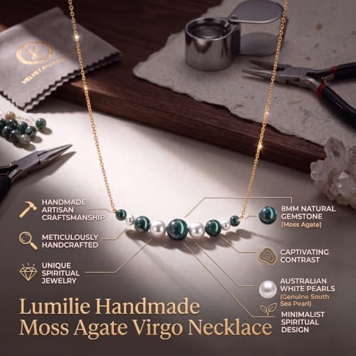Lumilie Handmade Moss Agate Virgo Necklace, Gold-Plated Crystal Necklace for Women, Minimalist Spiritual Jewelry for Growth & Balance Healing Crystal, Natural Gemstone Gift 8 mm by Lumilie - Used condition - Image 3