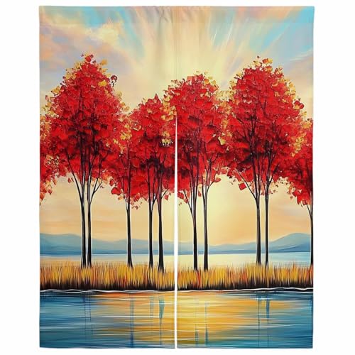 Lalirulero のれん 遮光 幅100x丈250cm おしゃれ 暖簾カーテン 間仕切り 仕切り 防寒 防音 目隠し 厚手 和風 出入り口 グッズ 寝室 玄関 キッチ リビング 春夏秋冬 太陽 水彩画 木 風景