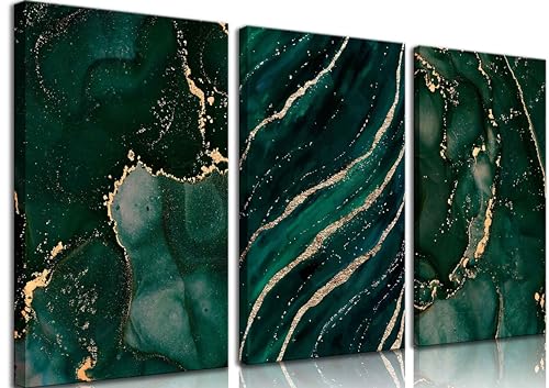 3Pcs Green and Gold Abstract Marble Wall Art Gold Foil Poster Emerald Green Dark Green Canvas Wall Art Modern Abstract neutral for Living Room Pictures for Bedroom Office Dining Room Wall Decoration