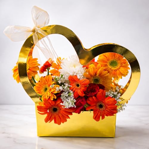 Image of Oasis Pack of 10 Flower Bouquet Gift Bags with Handles | Valentine's Day Gifting Bags for Her & Him | Goodie Bags for Wedding Return Gifts, Birthday, Bridal & Baby Shower | 40x20x7.5 cm | Heart Gold