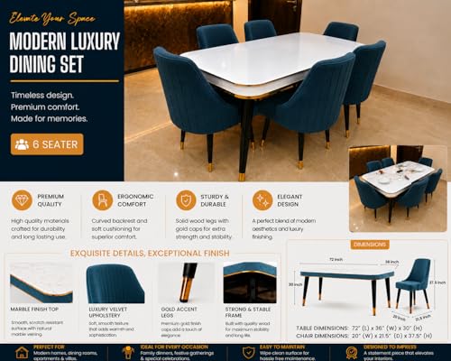 Image of WOODEN SPACE 6-Seater Wooden Dining Table Set | Nano Composite Marble Top | Solid Wood Base | Modern Dining Room Furniture with 6 Chairs (Sea Blue Infinity Backline)