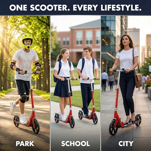 Scooters for Kids 9-25, Teens & Adults - Foldable Commuter Scooter with Bell, Hand Brake & Adjustable Height, 260 LB Weight Capacity, Perfect for School, Campus, Park Rides, Red — view 6