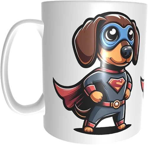 Pandok White Ceramic Mug - Cartoon - Pets : SuperHero Dachshund With Cape - Single Mug