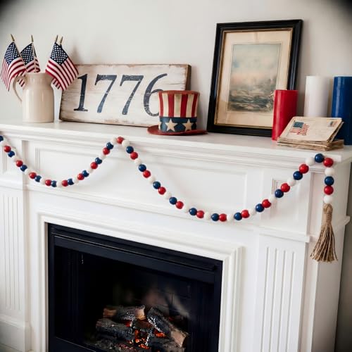 Image of Equsion Wooden Bead Garland with Tassels, Extra Long Fireplace Wood Bead Garlands Rustic Farmhouse Vintage Boho Beads Garland for Party Home Decor Tiered Tray Decorative Beads(Red, White, Blue)