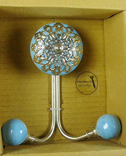 Decorative Ceramic Wall Hook Robin's Egg Blue and Silver