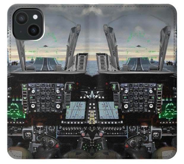 Étui cockpit d'avion de chasse pour iPhone 15 Plus housse cuir