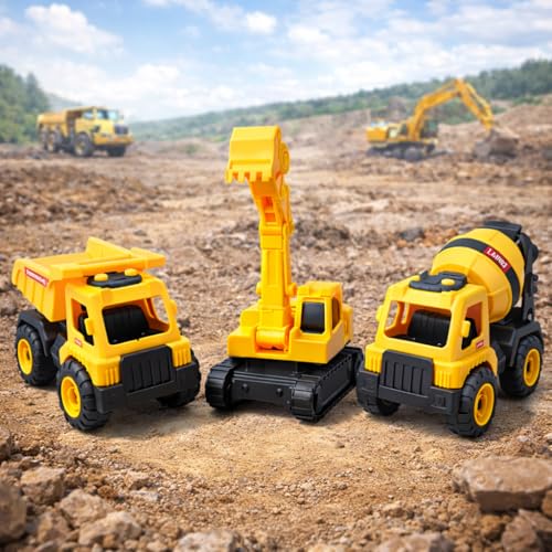 Image of Big Size Construction Vehicle Toy Set for Kids (Any 2) | Pull Back Dumper Truck, Excavator JCB, Cement Roller, Crane Engineering Vehicles | Heavy Duty Toy Trucks for Boys & Girls Age 2-9 Years