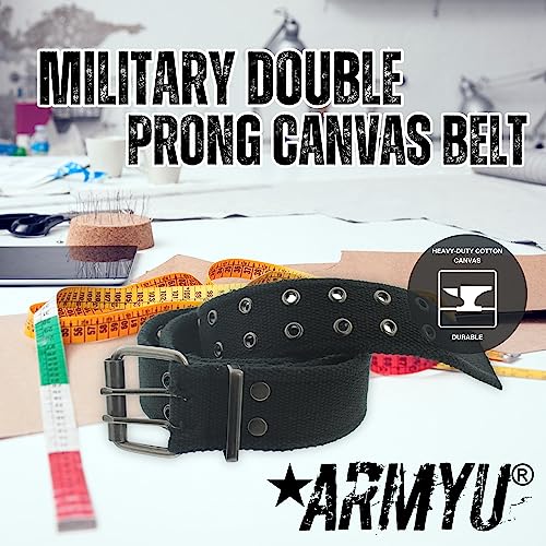 ARMYU Military Double Prong Canvas Belt, Heavy Duty Thick Cotton Army Pistol Grommet Two Hole 1.75"2