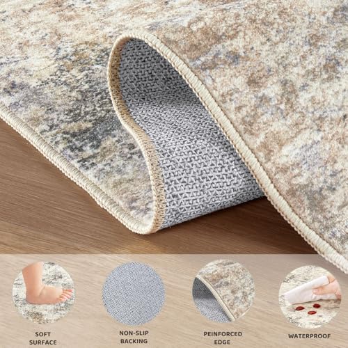 5ft Round Area Rug Living Room Rugs - 5x5 Washable Neutral Modern Abstract Soft Thin Rug Indoor Floor No Slip Rug Carpet for Bedroom Under Dining Table Home Office Decor - Golden Grey