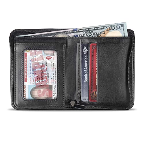 RFID Blocking Men’s Zippered Bifold Wallet - Italian Cowhide Leather - Slim Travel Comfort - Credit Card Holder w/Transparent ID Slot - Snap Back Coin Holder2