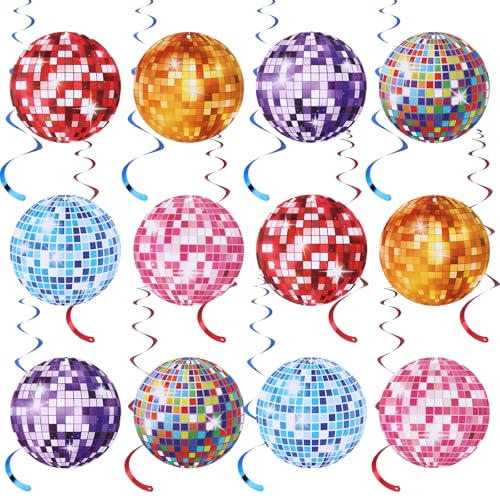 Lot de 12 mini boules disco décoratives à suspendre pour fête, décoration de fête colorée, pour fête à thème des années 70, fête rétro, mariage, anniversaire et Noël