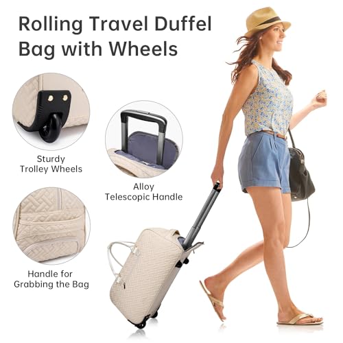 Image of Duffle Bag for Travel, Weekender Bag with Shoe Compartment, Carry On Overnight Bag for Women Gym Bag, Beige-rolling version