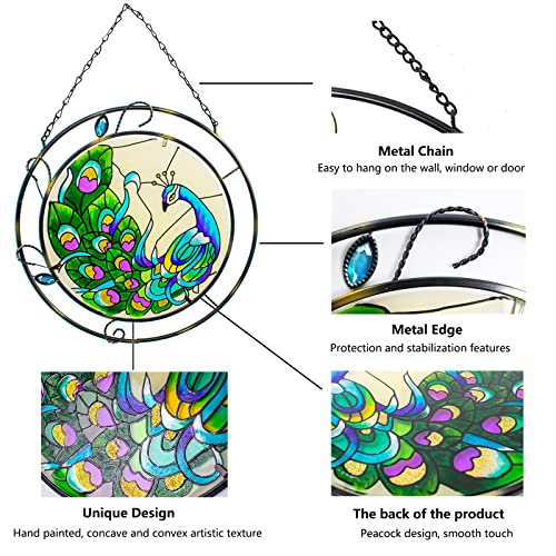 Vewogarden Rectangular 10 * 10 Inches Hummingbird Stained Glass Suncatcher +10" Stained Glass Peacock Window Hanging, Handmade Craft Suncatcher Panel With Metal Chain #TOP6