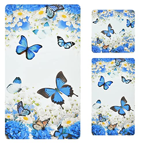 3Pcs Blue Butterfly Towels Set Include Beach Towel, Hand Towel And Wash Towel, Butterfly Flower Bath Towel Set For Bathroom Decor, Super Soft Water Absorbent Beach Towel For Travel, Swim, Sport #TOP28