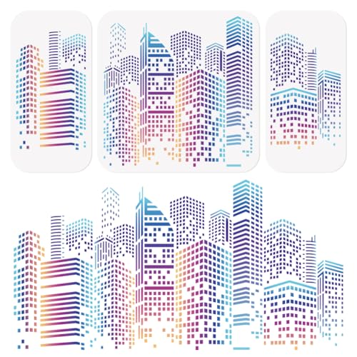 3Pcs Skyscraper Cityscape Skyline City Buildings Stencils Template DIY Crafts Reusable Plastic Stencils for Painting on Walls Floors Fabric Furniture Glass
