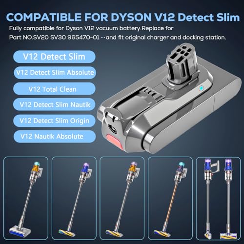 Image of Batryuic Upgraded 6000mAh V12 Battery Compatible for Dyson V12 Detect Slim Vacuum Cleaner for Dyson V12 Battery Replacement Replace Pt No. 965470-01, SV20, SV26, SV30, SV34, SV35, SV46