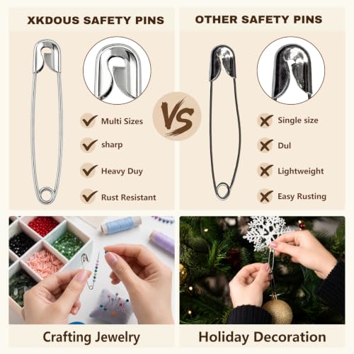 Image of XKDOUS 400 Pack Safety Pins for Clothes, 3 Assorted Size Heavy Duty Pins | Small & Large Safety Pin, Sharp Edge Pins Bulk, Fasteners for Clothing, Sewing, Crafting
