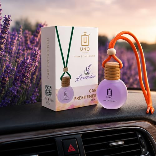 Image of UNOAROMA Orchid Car Air Freshener, Long Lasting Hanging car perfume, Toxin-Free Oil in Glass Bottle with Wooden Diffuser, Car Accessories for fresh aroma, Last Upto-60 Days (15mlx2)