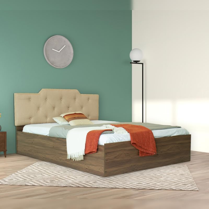 Image of Amazon Brand - Solimo Bed | 1 Year Warranty | Double Bed, Queen Size, Prajna Premium Upholstery, Comfortable Seating Height Bed, Non-Woven Base & 3mm MDF, Walnut Colour (Melamine Finish)