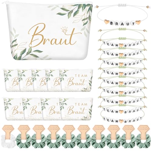 Hestya 30 Stück JGA Accessoires Frauen 10 Braut Make up Tasche Team Braut Kosmetiktasche 10 JGA Armbänder 10 Haargummis Team Bride Geschenk für Bride Brautjungfern Hochzeit Junggesellinnenabschied