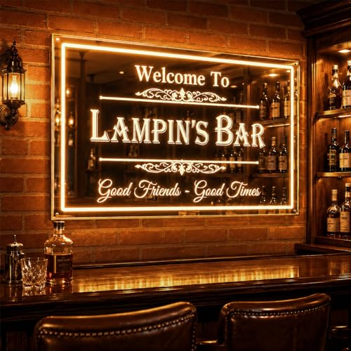 Personalized Bar Mirror Neon Sign with Dimmable LED Border Light Custom Light Up Home Bar Decor for Man Cave Garage Basement Pub Vintage Mirror Wall Sign Gift for Husband Dad