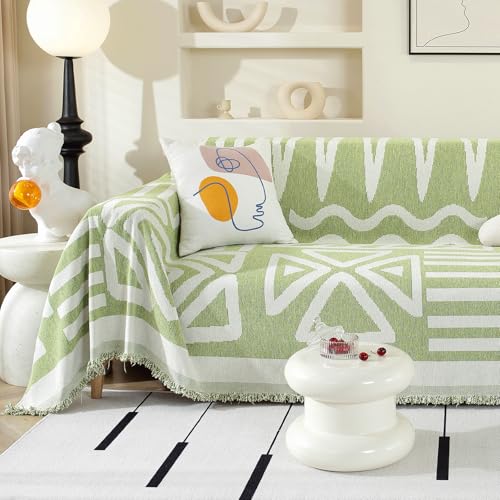 Boho Sofa Cover 2 Seater, Chenille Couch Cover for Corner Sofa, Washable Sofa Slipcover, Couch Protector Loveseat Futon L Shaped Covers with Tassel, Suitable for All Seasons, 180 x 260 cm, Green