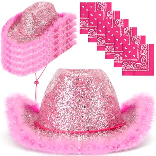 Image of Coume 12 Pcs Sparkly Adults Cowboy Hat and Bandanas Women Men Western Glitter Cowgirl Party Hats with Adjustable Drawstring