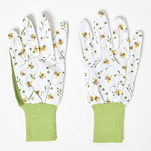 HOMESCAPES Green Floral Gardening Gloves with Bee Floral Design Medium Size Cut Proof Garden Gloves with Elastic Cuffs and Non-Slip Grip Breathable Cotton Gloves for Gardening Potting & DIY