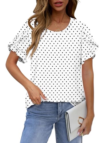 CRAZY GRID Women's Shirts Summer Casual Crewneck Ruffle Short Sleeve Blouses Cute Floral Print Tunic Tops