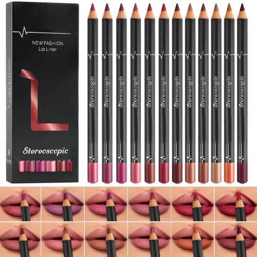 LOPHE Lip Liner Mate, 12 Colores Juego de Delineador de Labios, Perfilador Labios Permanente, Delineador Labios, Lápiz de Contorno con Tapa, Delineado Perfecto, Definición Natural