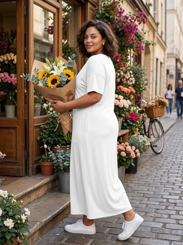 Image of SUZONANA Women Casual T-Shirt Dress V Neck Short Sleeve Solid Color Oversize Dress with Front Two Pockets