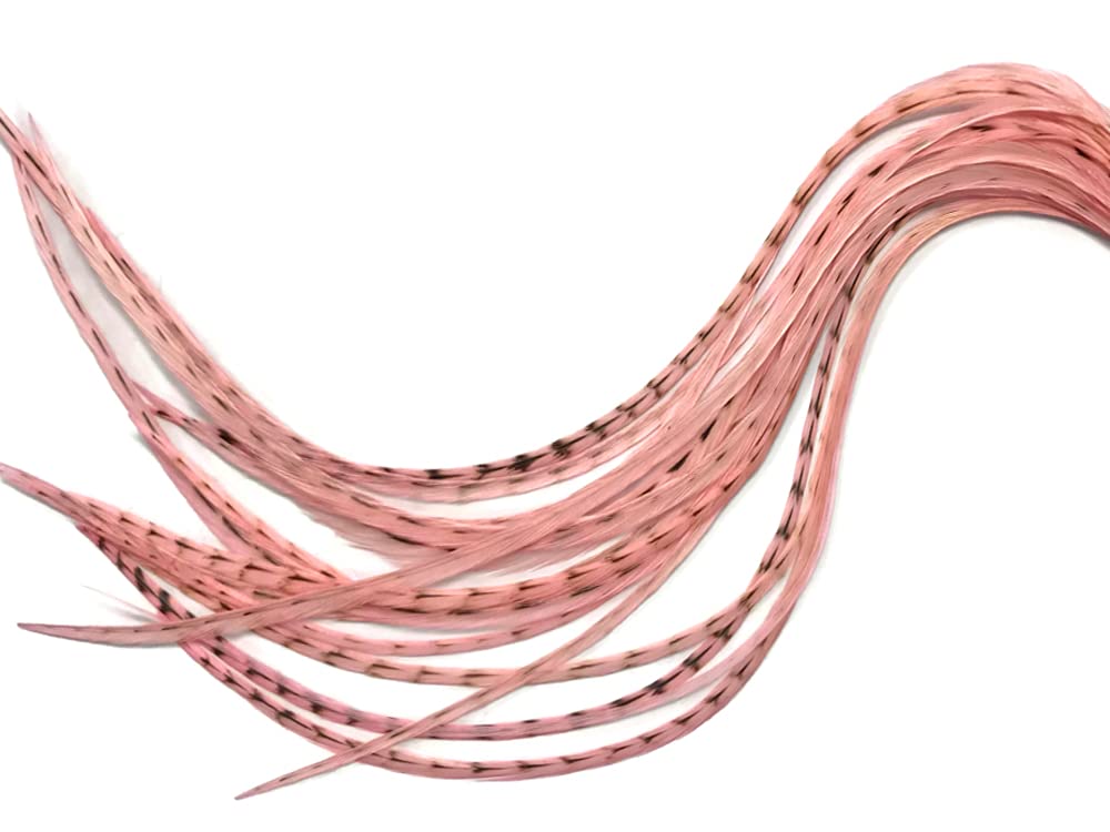 6 Pieces - XL Unique Pink Color Grizzly Thin Whiting Farm Rooster Hair Extension Feathers Fly Tying Summer 11+ Inches | Moonlight Feather