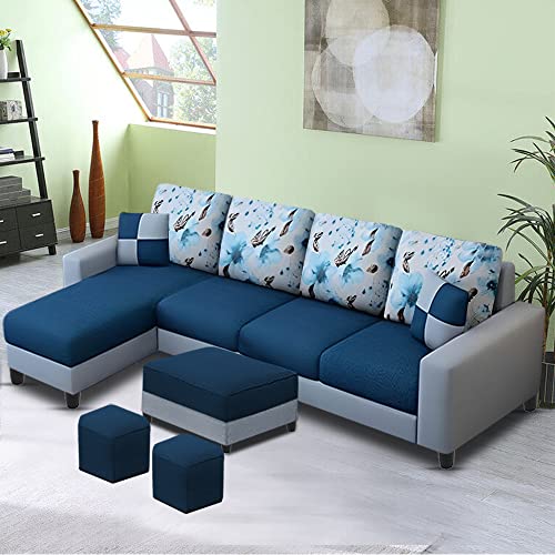Image of Orland 8 Seater LHS L Shape Sofa with Center Table & 2 Puffy | Color - (Blue Grey Fabric)