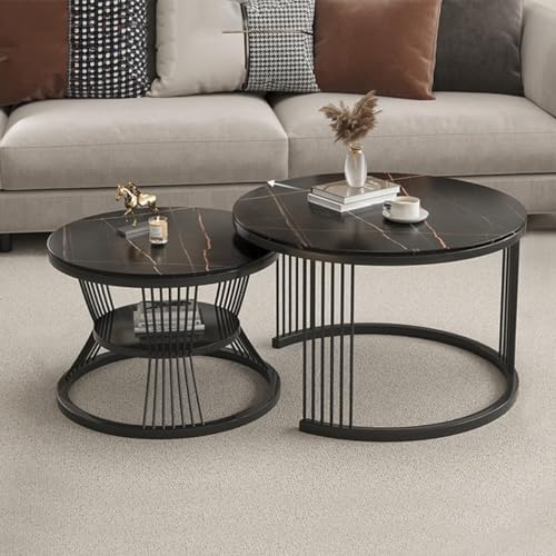 Image of Brown Art SHOPPEE Round Coffee Table Home Decor Furniture Coffee Table Sets,2 Piece MDF Top,Stacking Nesting Table with Iron Frame for Living Room Living Room or Lounge (Full Black)