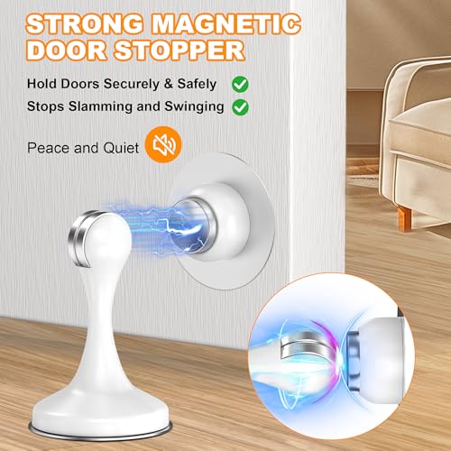 Image of Crosize Magnetic Door Stoppers 4 Pack, Stainless Steel Door Stops for Wall and Floor Mounting, Door Holder Keep Door Open, No Drilling Door Stop with Adhesive Tapes, White