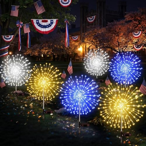 Tujoe 6 Pcs 4th of July Solar Firework Lights Patriotic
