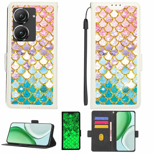 Case Compatible for Asus Zenfone 9 Phone Case Flip Cover [with Tempered Glass Screen Protector][RFID Blocking][Gold Glitter+Luminous] LPT-YL